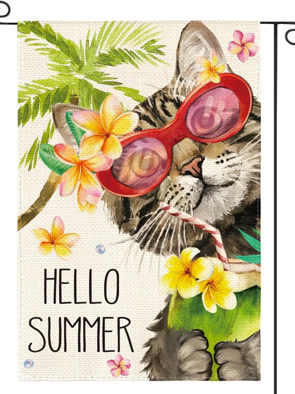 Hello Beach Palm Cat Garden Flag 12x18 Inch